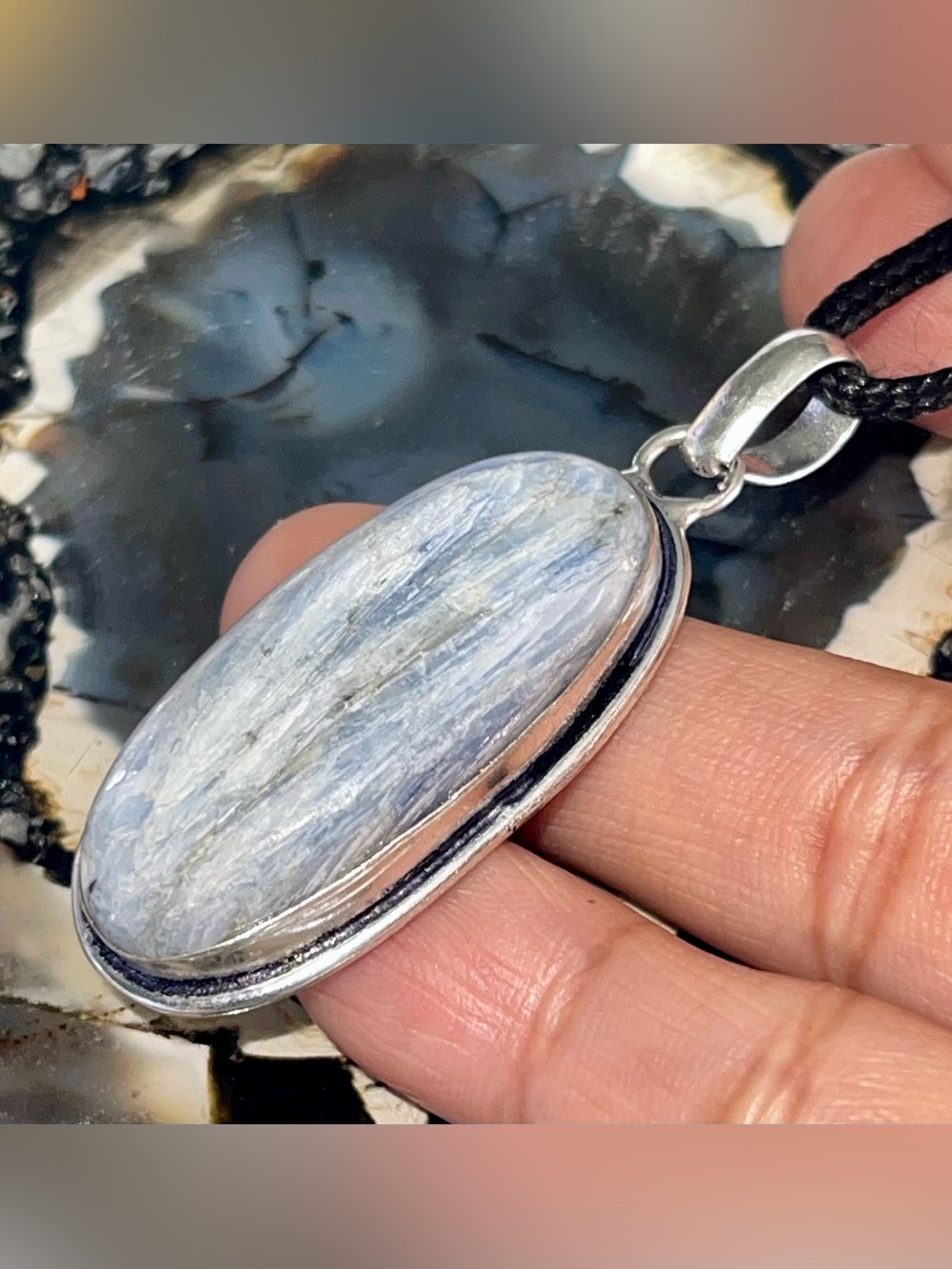 Petite Oval Blue Silver Kyanite Pendant 2 1/4”
